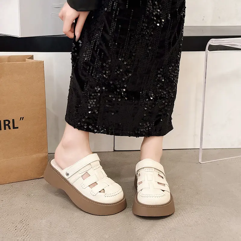 Two Wear Toe Sandals Women's Summer New Hollow Breathable Roman Shoes Platform Soled Semi-slippers Women