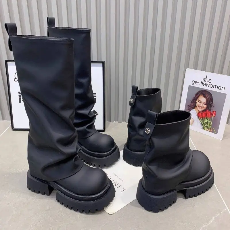 Autumn New Short Boots for Women Fashion Round Head Sleeve Fold Thick Heel Non-slip Comfortable Single Boots