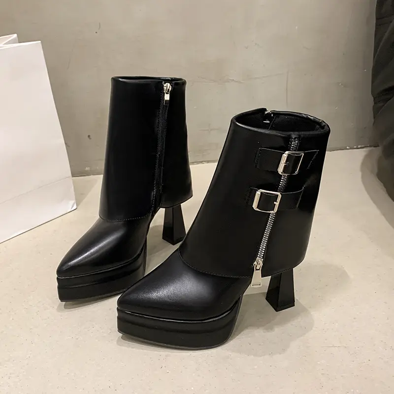 Stylish Side Zip Square Heel Pantyleg Boots Autumn New Pointed Toe Metal Buckle Platform Non-Slip Shorthole Boots