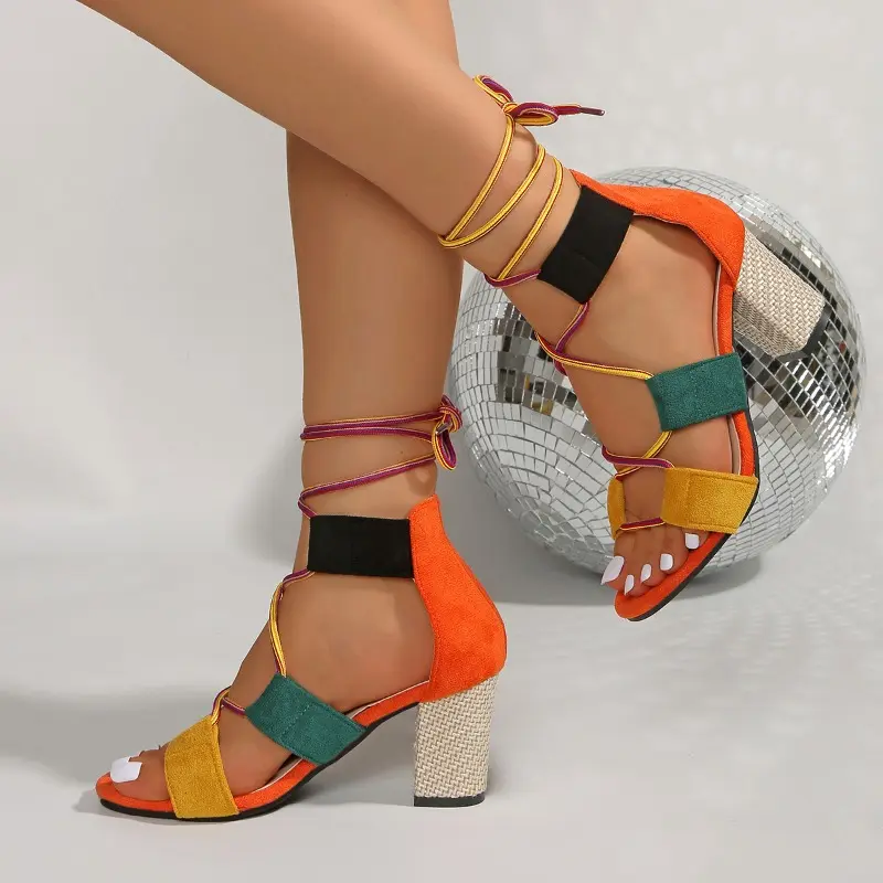 Multicolor Block Heel Sandals Summer New Round Toe Open Toe Front Strappy Anti-Slip Wear-Resistant High Heels