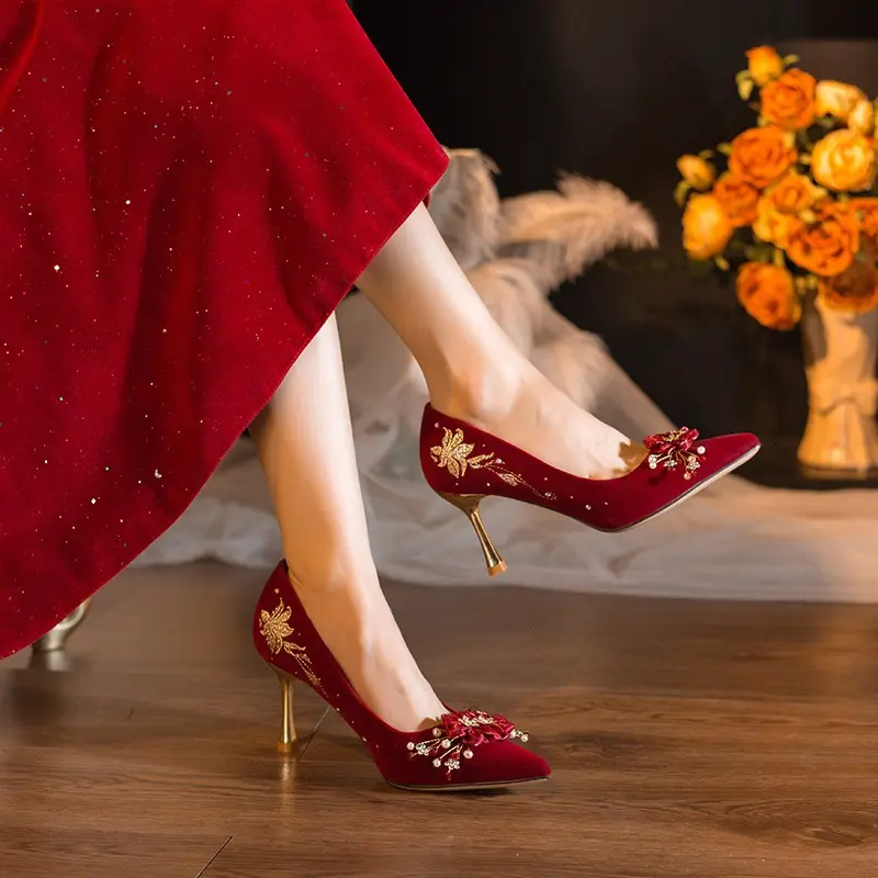 Women's thin heel single shoes pointed suede shallow embroidery anti-slip and wear-resistant high heels wedding shoes
