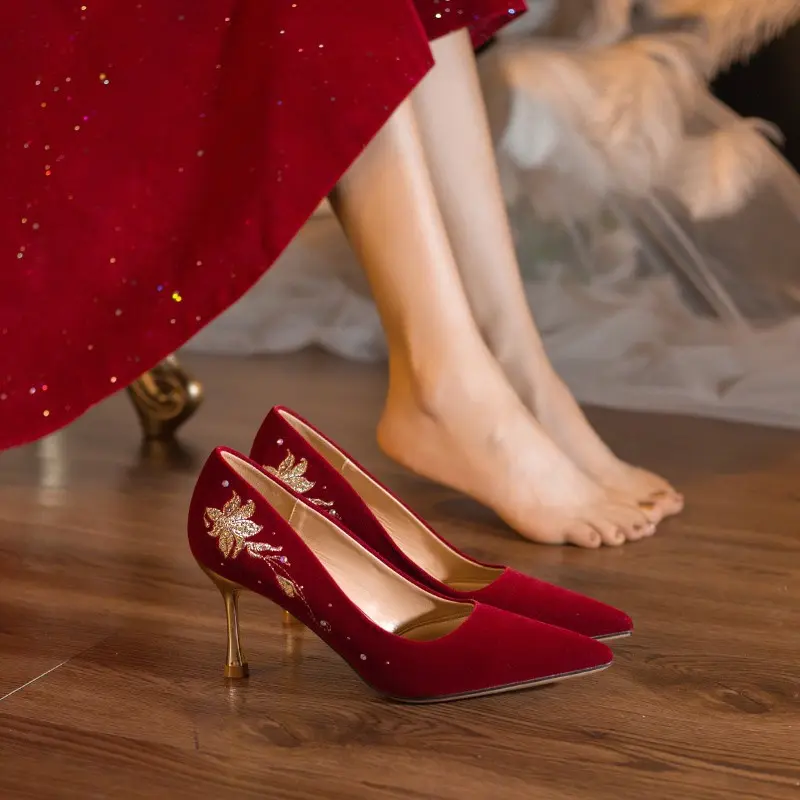 Women's thin heel single shoes pointed suede shallow embroidery anti-slip and wear-resistant high heels wedding shoes