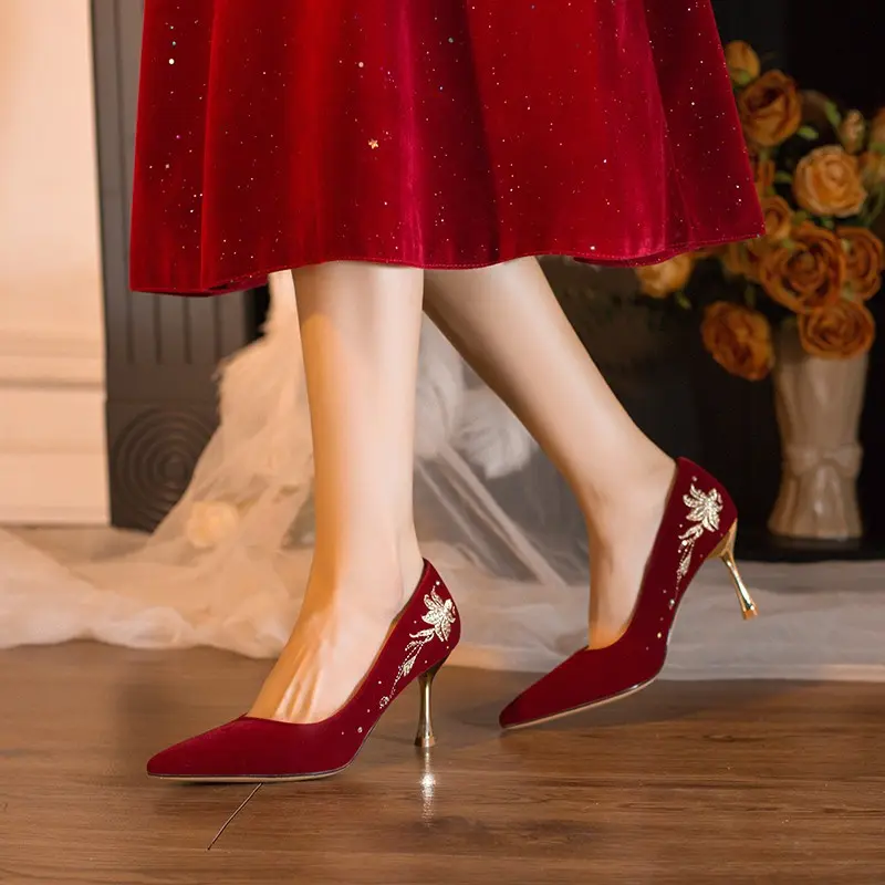 Women's thin heel single shoes pointed suede shallow embroidery anti-slip and wear-resistant high heels wedding shoes