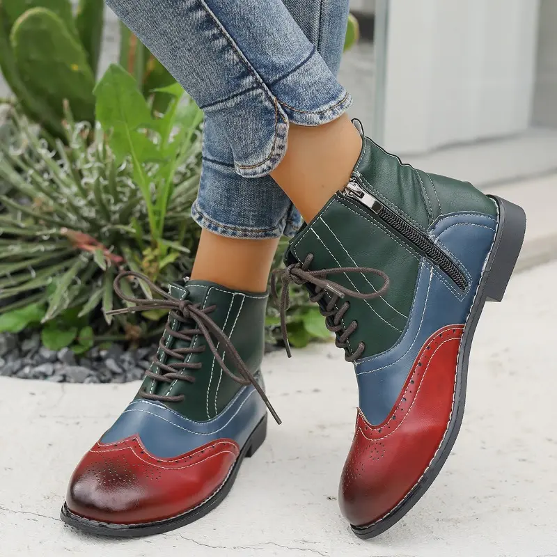 Multicolor Block Heel Single Boots Women's Fashion Round Toe Spliced Side Zip Front Lace-Up Soft Sole Non-Slip Shorthole Boots