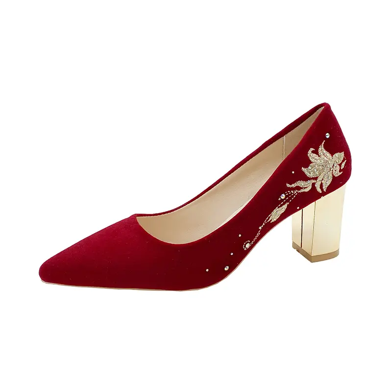 Women's thin heel single shoes pointed suede shallow embroidery anti-slip and wear-resistant high heels wedding shoes