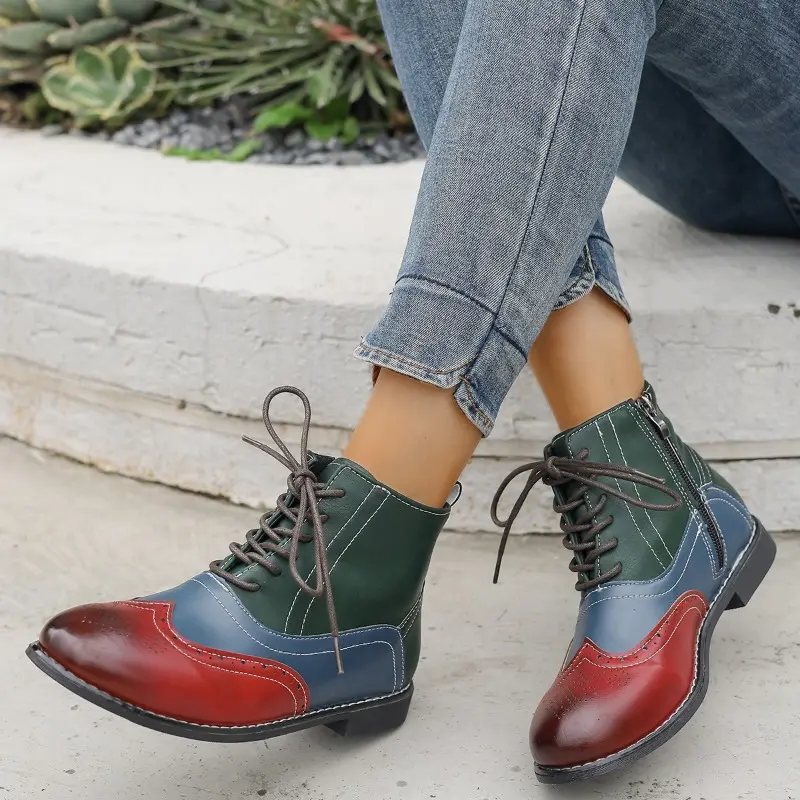 Multicolor Block Heel Single Boots Women's Fashion Round Toe Spliced Side Zip Front Lace-Up Soft Sole Non-Slip Shorthole Boots