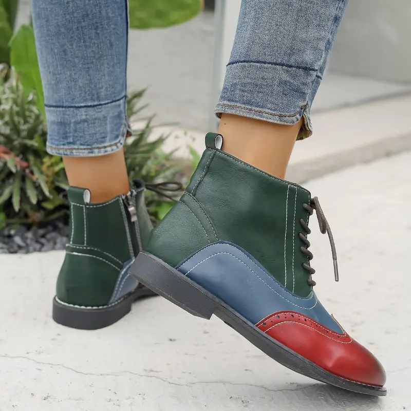 Multicolor Block Heel Single Boots Women's Fashion Round Toe Spliced Side Zip Front Lace-Up Soft Sole Non-Slip Shorthole Boots