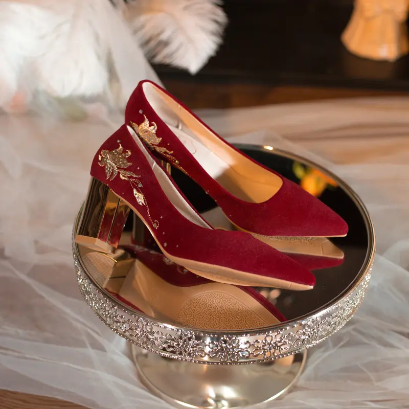 Women's thin heel single shoes pointed suede shallow embroidery anti-slip and wear-resistant high heels wedding shoes