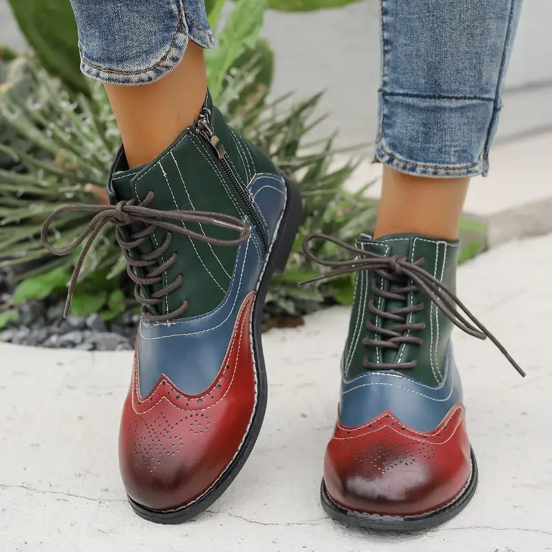 Multicolor Block Heel Single Boots Women's Fashion Round Toe Spliced Side Zip Front Lace-Up Soft Sole Non-Slip Shorthole Boots