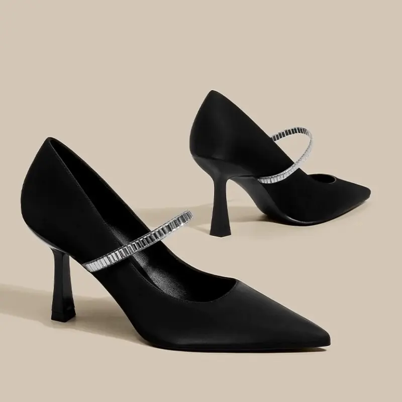 Super Soft Wrapped Heels Women's Fashion Pointed Toe Shallow Slip Rhinestone Slip Slip Slim Heel Single Shoes