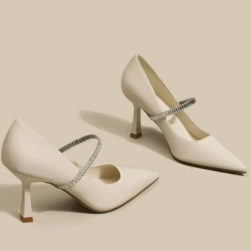 Super Soft Wrapped Heels Women's Fashion Pointed Toe Shallow Slip Rhinestone Slip Slip Slim Heel Single Shoes