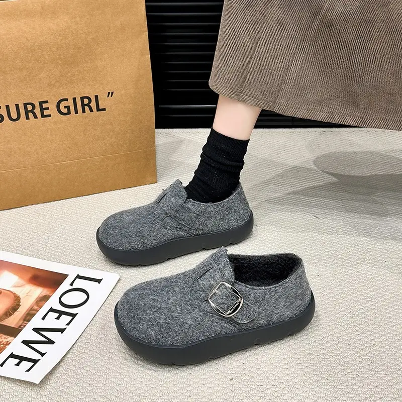 Winter New Flat Shoes Women's Fashion Round Head Suede Deep Mouth Metal Buckle Thick Soled Cotton Shoes