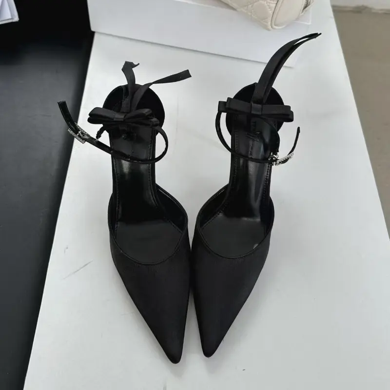 Spring and Summer New Pointed Toe Satin Heels Bow One Strap Women's Shallow Mouth Non-Slip Bag and Heel Sandals