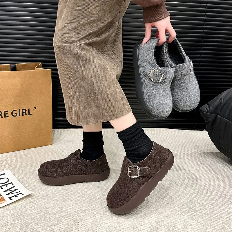 Winter New Flat Shoes Women's Fashion Round Head Suede Deep Mouth Metal Buckle Thick Soled Cotton Shoes