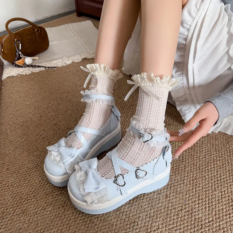 Sweet Girls Lolita Flat Platform ,Female Students Lace Strawberry Bowknots Cute Marry Jane Elevator Shoes