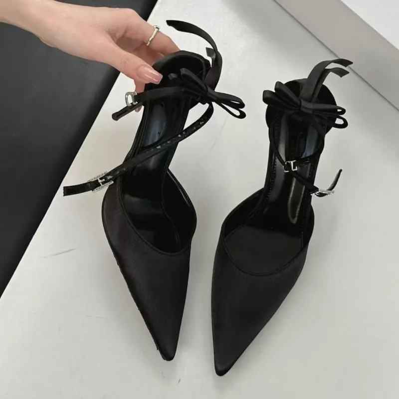 Spring and Summer New Pointed Toe Satin Heels Bow One Strap Women's Shallow Mouth Non-Slip Bag and Heel Sandals