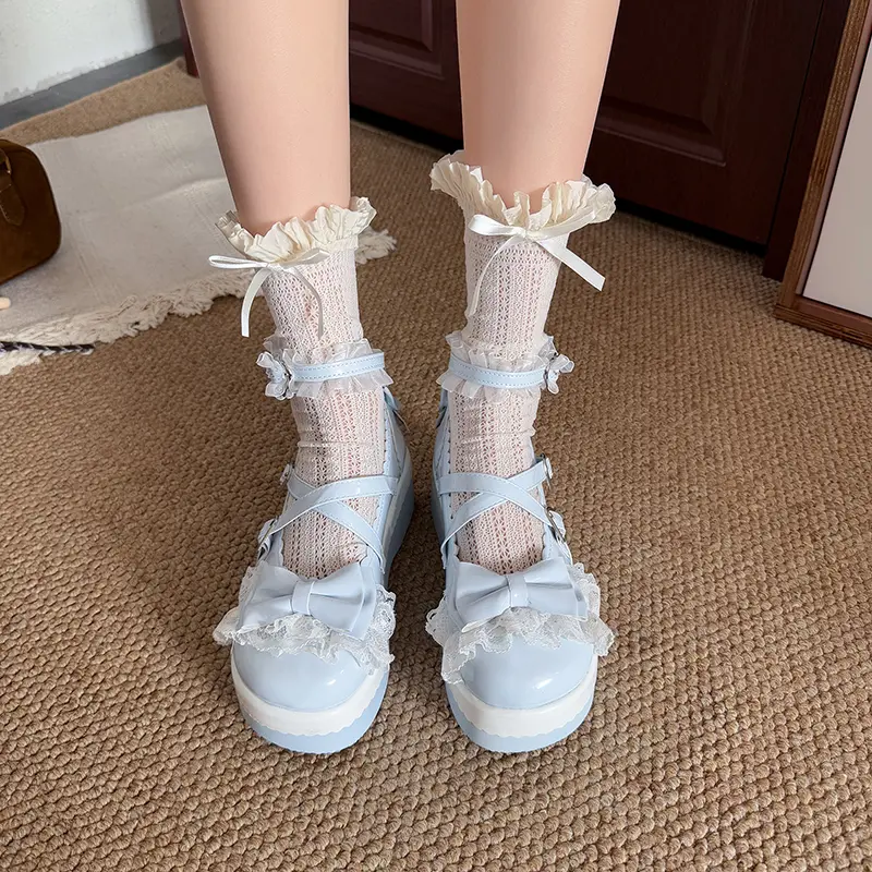 Sweet Girls Lolita Flat Platform ,Female Students Lace Strawberry Bowknots Cute Marry Jane Elevator Shoes