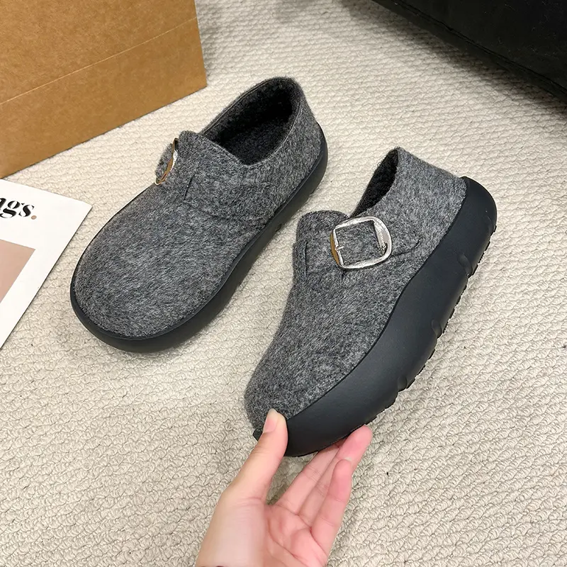 Winter New Flat Shoes Women's Fashion Round Head Suede Deep Mouth Metal Buckle Thick Soled Cotton Shoes