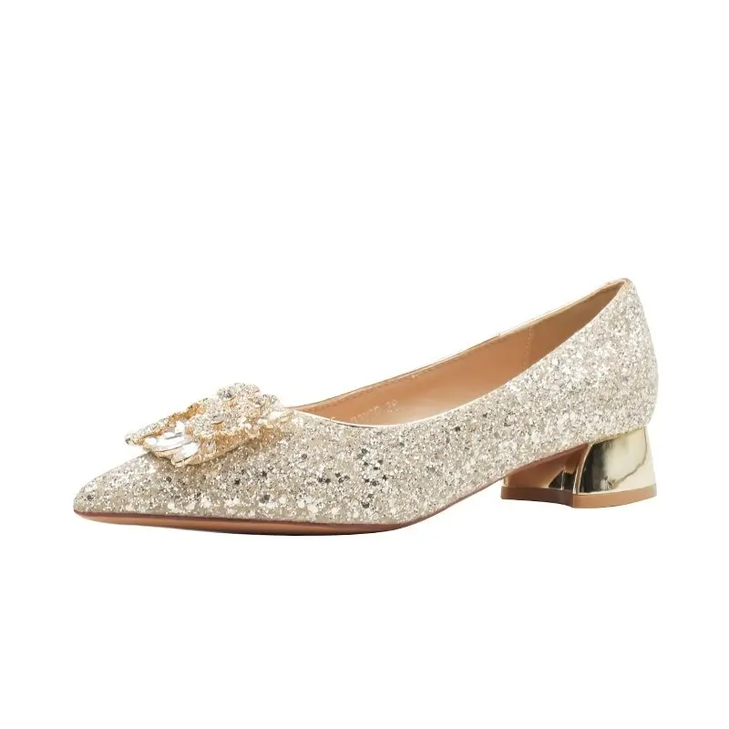 Fall New Coarse Heel Shoes Women's Fashion Pointy Shallow Mouth Sequin Crystal Buckle Non-slip Low-top Shoes