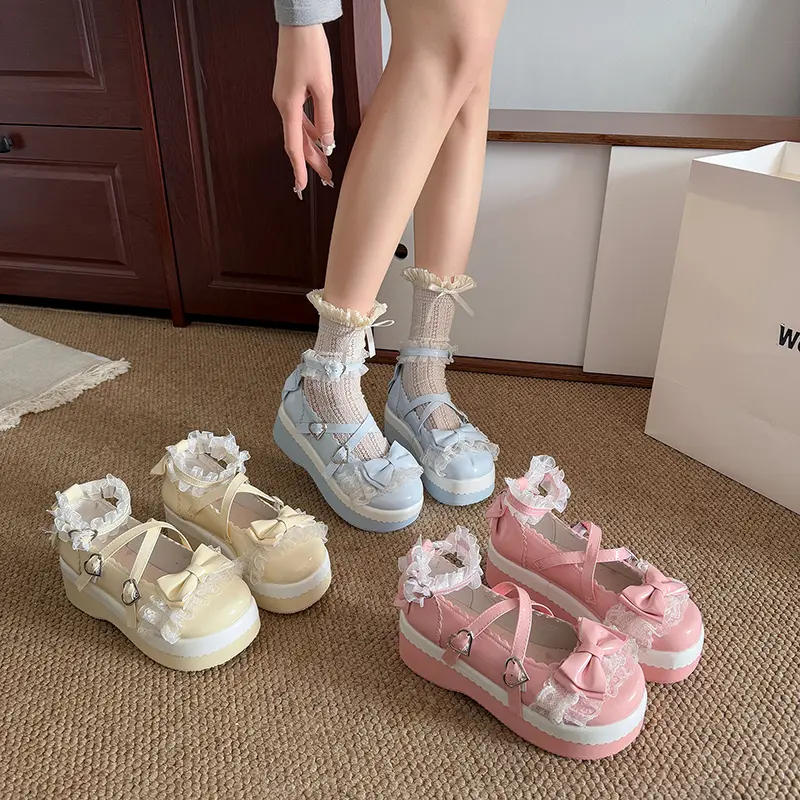 Sweet Girls Lolita Flat Platform ,Female Students Lace Strawberry Bowknots Cute Marry Jane Elevator Shoes