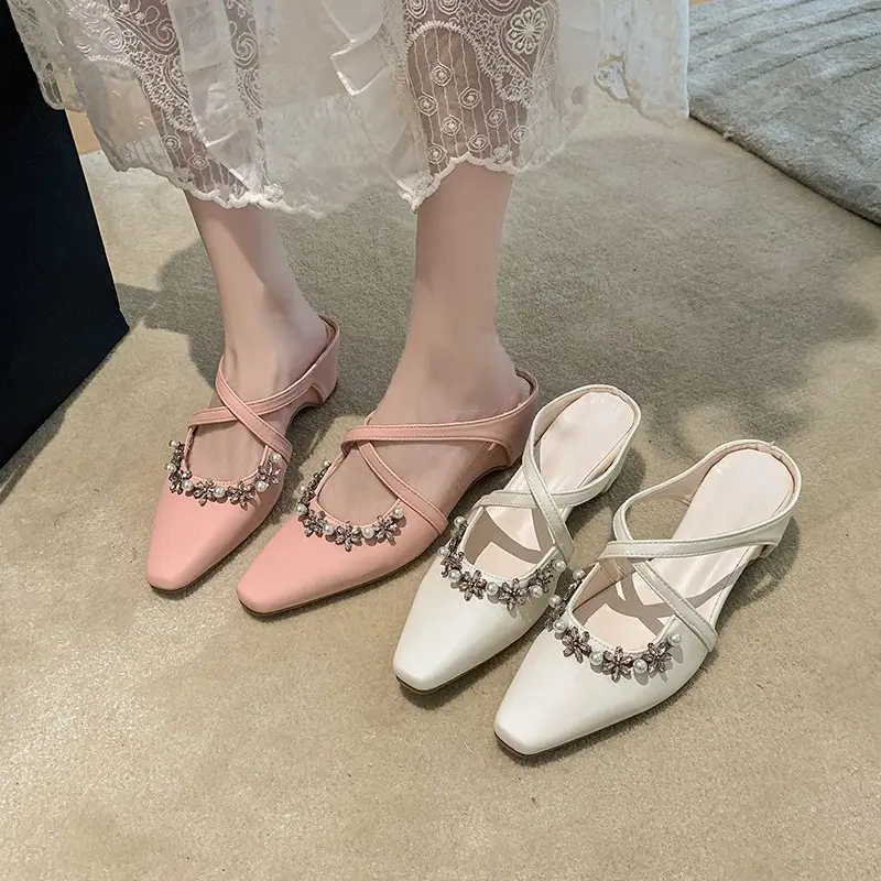 Flat Inside Heightener Slippers Autumn New Square Toe Shallow Slip Rhinestone Buckle Cross Strap Hollow-out Wrapped Shoes