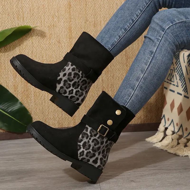 Women's Fashion Thick Heel Round Head Suede Sleeve Metal Buckle Non-slip Wear-resistant Short Boots