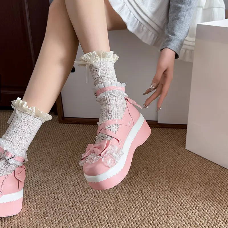 Sweet Girls Lolita Flat Platform ,Female Students Lace Strawberry Bowknots Cute Marry Jane Elevator Shoes