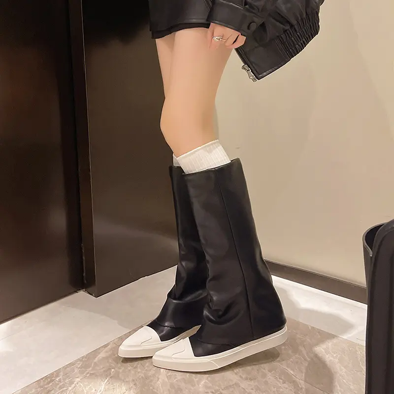Women's fashion flat cotton boots winter new pointed splicing leather sleeve thick soft sole non-slip short shoes
