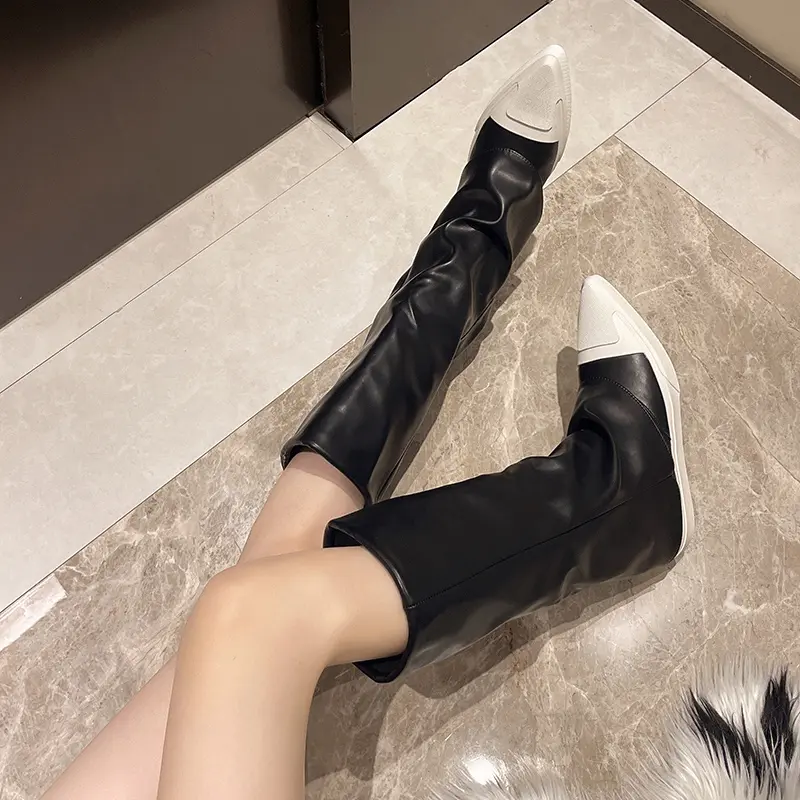 Women's fashion flat cotton boots winter new pointed splicing leather sleeve thick soft sole non-slip short shoes