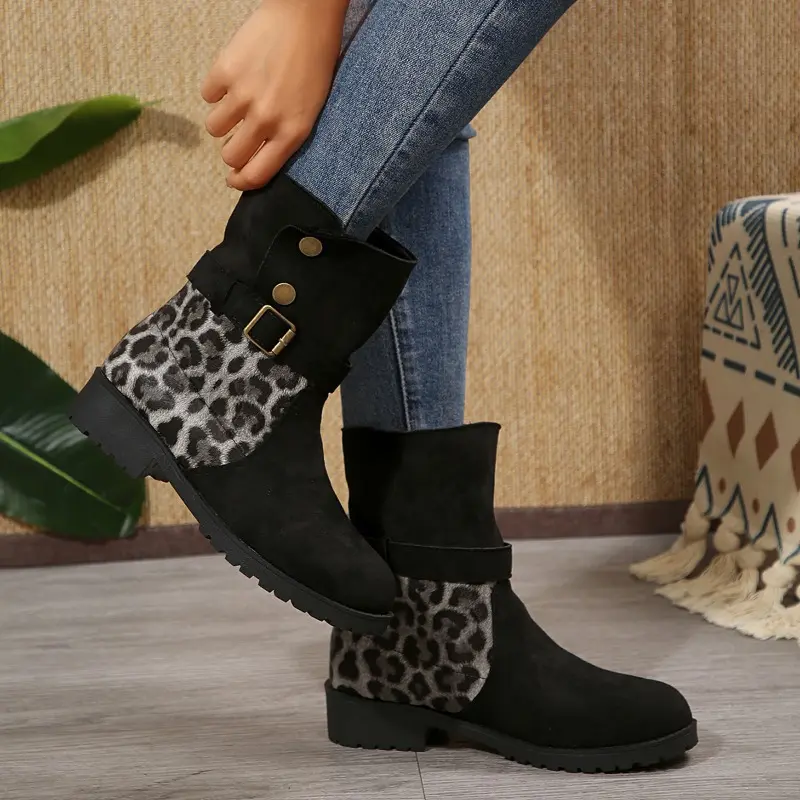 Women's Fashion Thick Heel Round Head Suede Sleeve Metal Buckle Non-slip Wear-resistant Short Boots