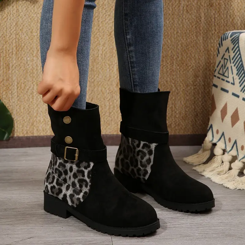Women's Fashion Thick Heel Round Head Suede Sleeve Metal Buckle Non-slip Wear-resistant Short Boots