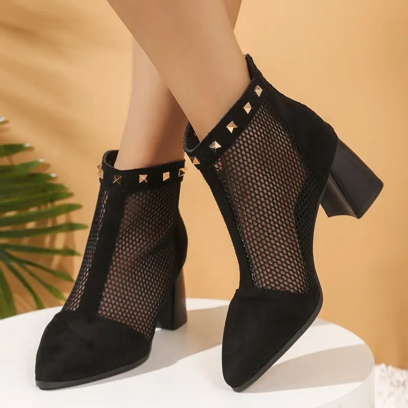 Studded Spliced Block Heel Fashion Sandals Summer New Spliced Mesh Cutout Breathable Rear Zipper Non-Slip Heels