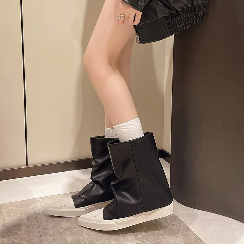 Women's fashion flat cotton boots winter new pointed splicing leather sleeve thick soft sole non-slip short shoes