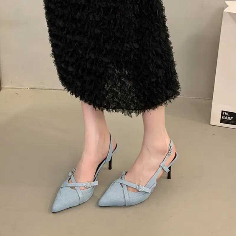 Fashion Pointy Stiletto Denim High Heels Women's New Summer Temperament One-line Strap Sandals
