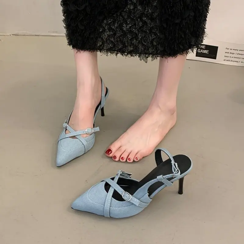 Fashion Pointy Stiletto Denim High Heels Women's New Summer Temperament One-line Strap Sandals