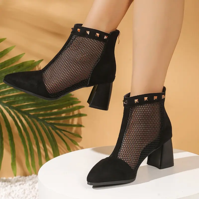 Studded Spliced Block Heel Fashion Sandals Summer New Spliced Mesh Cutout Breathable Rear Zipper Non-Slip Heels