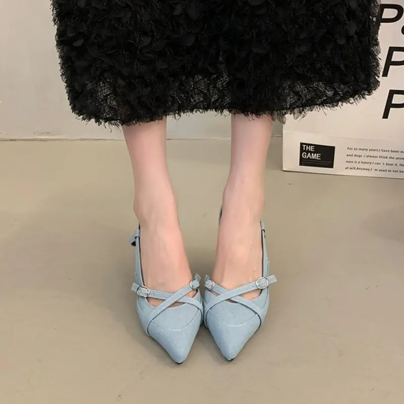 Fashion Pointy Stiletto Denim High Heels Women's New Summer Temperament One-line Strap Sandals