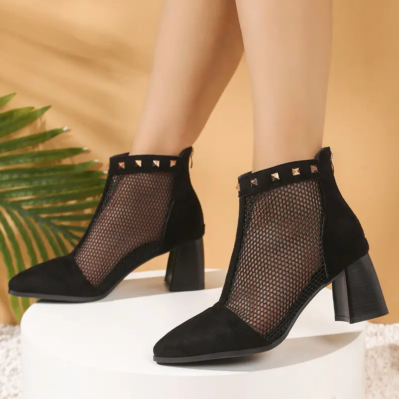 Studded Spliced Block Heel Fashion Sandals Summer New Spliced Mesh Cutout Breathable Rear Zipper Non-Slip Heels