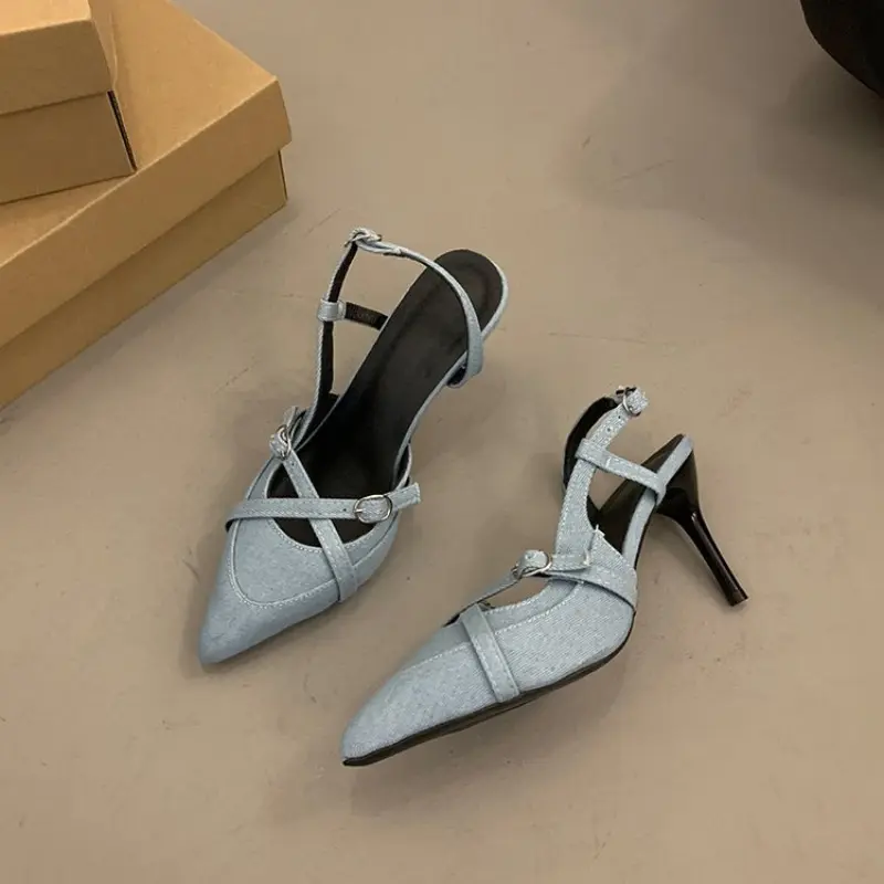 Fashion Pointy Stiletto Denim High Heels Women's New Summer Temperament One-line Strap Sandals