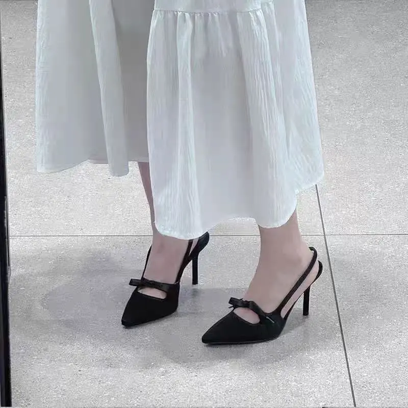 Women's Fashion Baotou High Heels Spring New Pointed Head Shallow Bow A Slip-on Wear Resistance Temperament Fine Heel Sandals