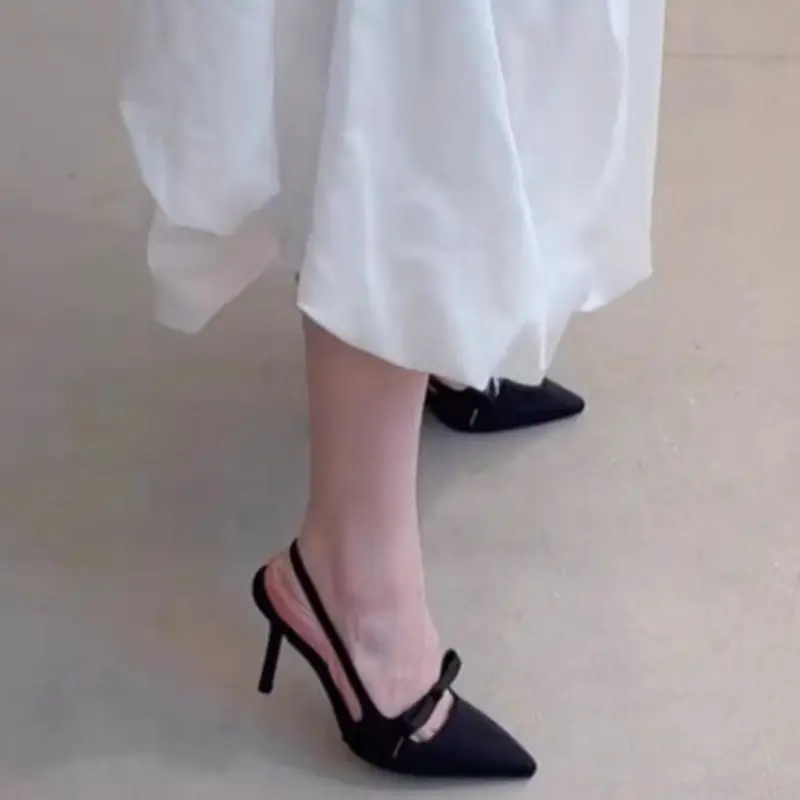 Women's Fashion Baotou High Heels Spring New Pointed Head Shallow Bow A Slip-on Wear Resistance Temperament Fine Heel Sandals
