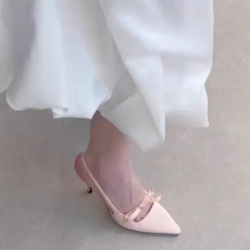 Women's Fashion Baotou High Heels Spring New Pointed Head Shallow Bow A Slip-on Wear Resistance Temperament Fine Heel Sandals