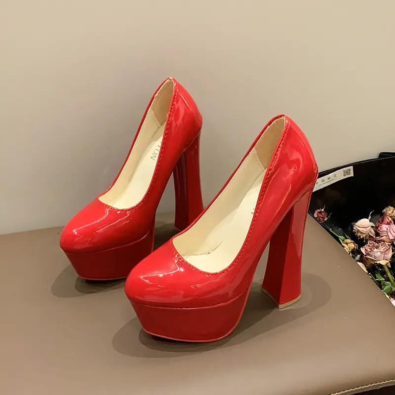 Women's Fashion Super High Heel Shoes Autumn New Round Head Shallow Mouth Waterproof Platform Thick Heel Shoes