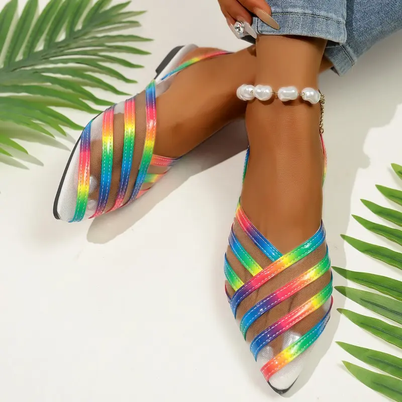 Vintage Paneled Mesh Breathable Sandals Summer New Pointed Toe Shallow Mouth One Buckle Strap Non-Slip Flat Romans