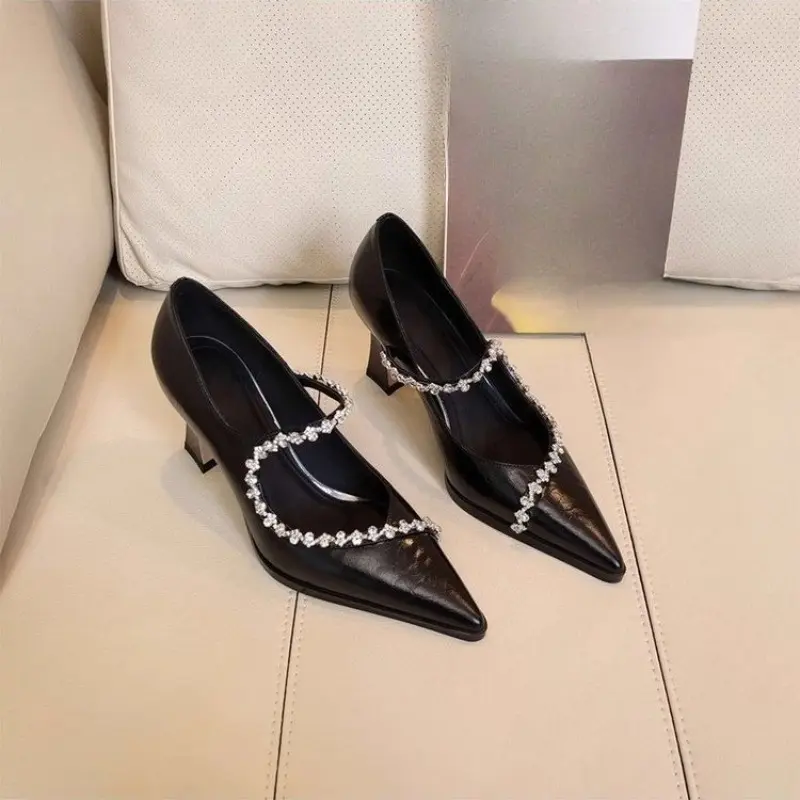 Rhinestone Strap Slim Heel Single Shoes Women's Fashion Pointed Toe Shallow Mouth Slip Foot Non-Slip High Heels