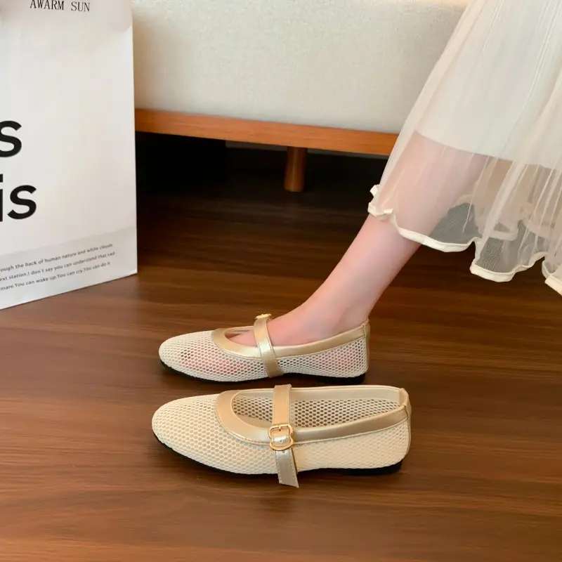 Women's Flat Shoes Autumn New Round Head Shallow Mouth Line with Mesh Breathable Single Shoes