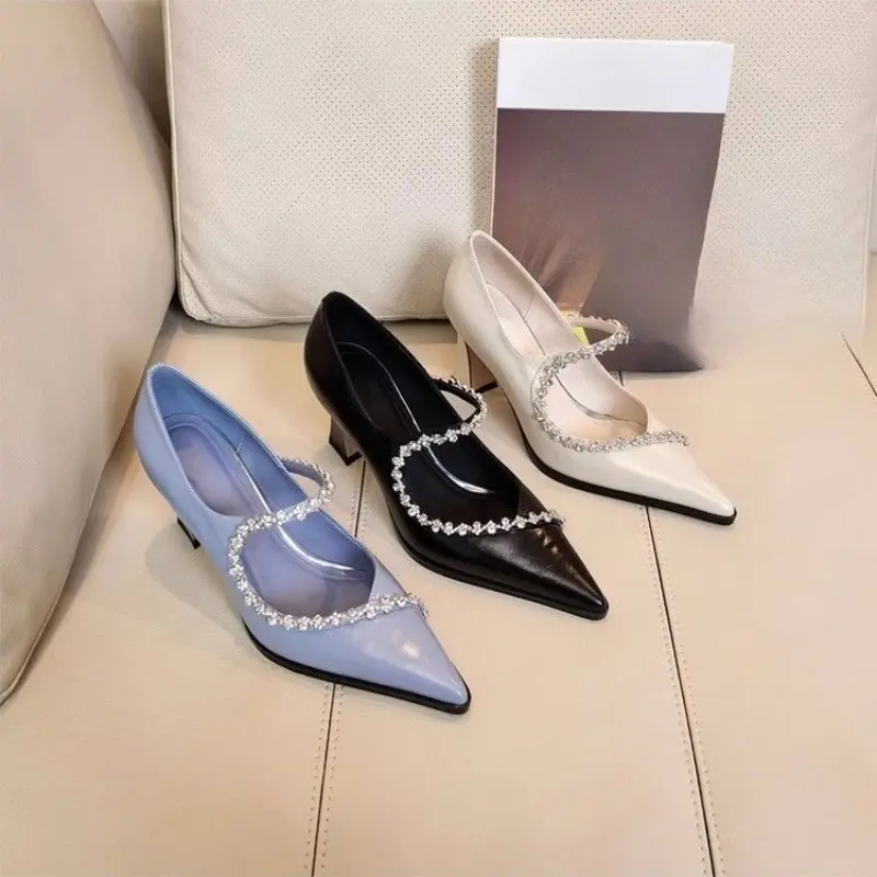 Rhinestone Strap Slim Heel Single Shoes Women's Fashion Pointed Toe Shallow Mouth Slip Foot Non-Slip High Heels