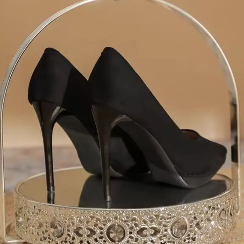 Women's Thin Heel Single Shoes Round Head Shallow Mouth Suede Thick Soles Anti-slip Wear-resistant High Heels