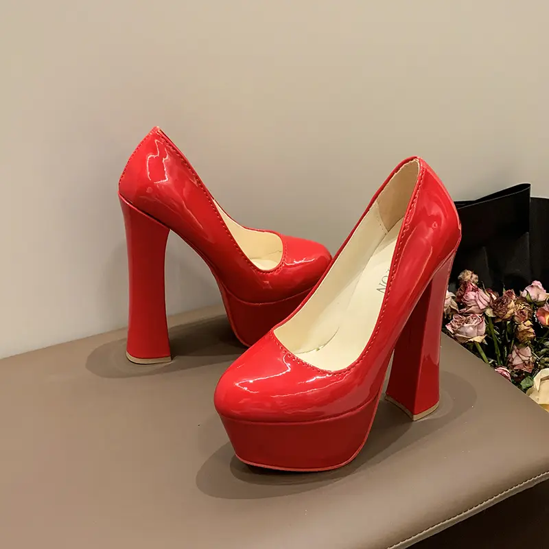 Women's Fashion Super High Heel Shoes Autumn New Round Head Shallow Mouth Waterproof Platform Thick Heel Shoes