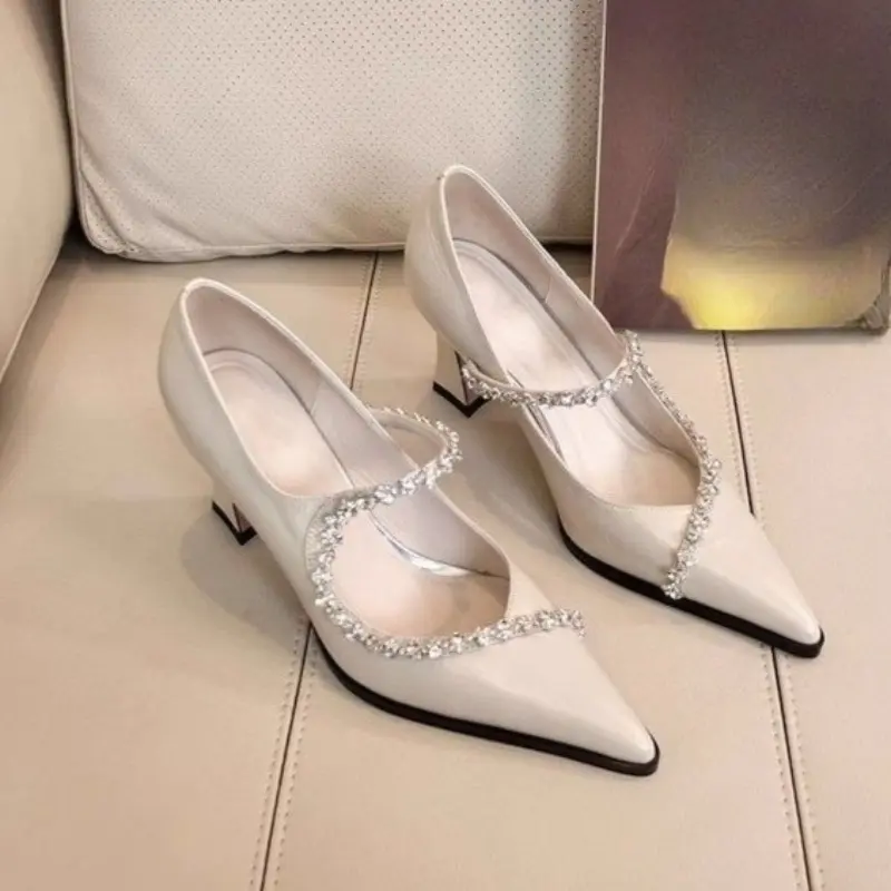 Rhinestone Strap Slim Heel Single Shoes Women's Fashion Pointed Toe Shallow Mouth Slip Foot Non-Slip High Heels
